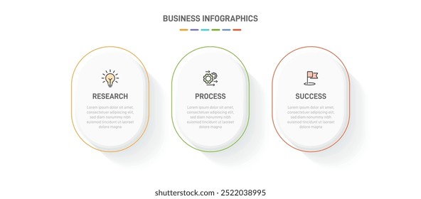 3 clean infographic design shaped elements template, symbolizing the three stages of business strategy and progression. Progress bar or timeline. Vector for presentation, web site or app.