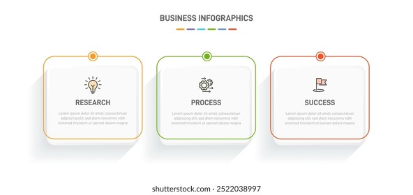 3 clean infographic design shaped elements template, symbolizing the three stages of business strategy and progression. Progress bar or timeline. Vector for presentation, web site or app.