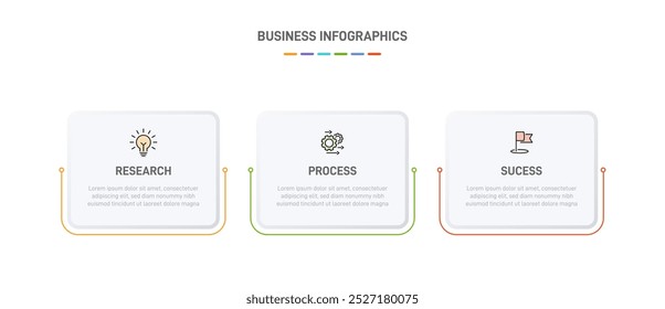 3 clean infographic design shaped elements template, symbolizing the three stages of business strategy and progression. Progress bar or timeline. Vector for presentation, web site or app.