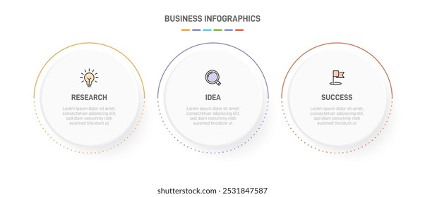 3 Plantilla de Elementos en forma de diseño infográfico limpio, que simboliza las tres etapas de la estrategia y la progresión empresarial. Barra de progreso o línea de tiempo. Vector para presentación, Sitio web o App.