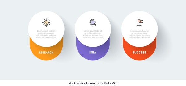 3 Plantilla de Elementos en forma de diseño infográfico limpio, que simboliza las tres etapas de la estrategia y la progresión empresarial. Barra de progreso o línea de tiempo. Vector para presentación, Sitio web o App.