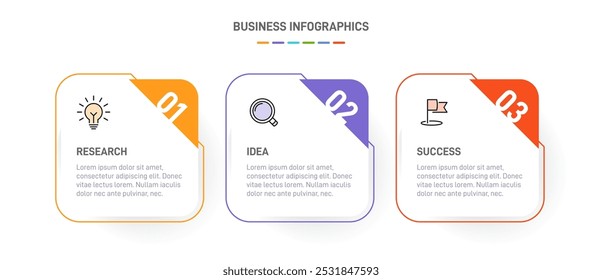 3 clean infographic design shaped elements template, symbolizing the three stages of business strategy and progression. Progress bar or timeline. Vector for presentation, web site or app.