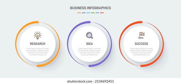 3 Plantilla de Elementos en forma de diseño infográfico limpio, que simboliza las tres etapas de la estrategia y la progresión empresarial. Barra de progreso o línea de tiempo. Vector para presentación, Sitio web o App.