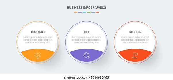 3 clean infographic design shaped elements template, symbolizing the three stages of business strategy and progression. Progress bar or timeline. Vector for presentation, web site or app.