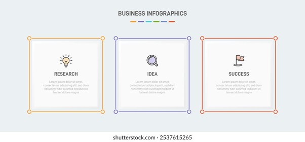 3 clean infographic design shaped elements template, symbolizing the three stages of business strategy and progression. Progress bar or timeline. Vector for presentation, web site or app.