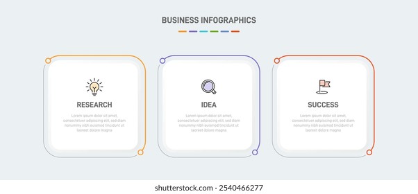 3 clean infographic design shaped elements template, symbolizing the three stages of business strategy and progression. Progress bar or timeline. Vector for presentation, web site or app.
