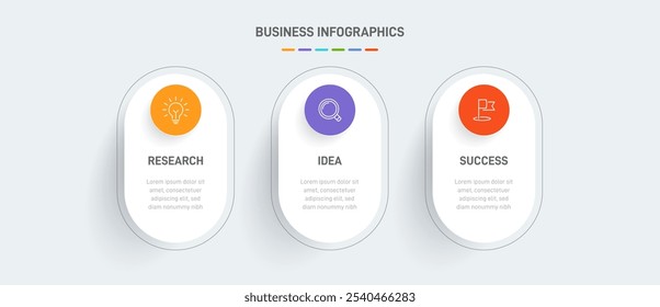 3 Plantilla de Elementos en forma de diseño infográfico limpio, que simboliza las tres etapas de la estrategia y la progresión empresarial. Barra de progreso o línea de tiempo. Vector para presentación, Sitio web o App.