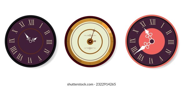 3 Clock vector simple bundle icon with  black and white round wall clock isolated on white. Clock on wall shows eight o'clock and Roman numeral clock.