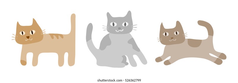 3 color cats in 3 positions / orange gray and brown cats cartoon