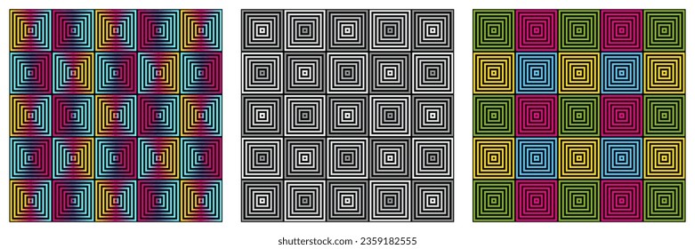 3 color ranges of a square geometric shape pattern with a psychedelic effect for printing on fabric or paper.