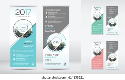 3 Color Scheme with City Background Business Roll Up Design Template Set. Flag Banner Design. Can be adapt to Brochure, Annual Report, Magazine,Poster, Corporate Presentation,Flyer, Website
