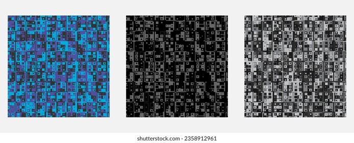 3 farbige Zusammenstellung von quadratischem, abstrakter Technologie-Fehlerhintergrund. Futuristische schwarze Kombinationsfarbe.  Technischer Fehler oder glänzender Hintergrund.  Netzwerkfehler. Beschädigte Daten.