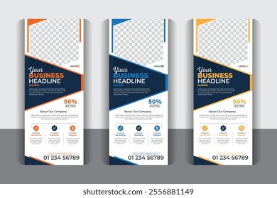 3 color variation corporate business roll up banner design. Unique, modern, creative, luxury, colorful, stylish and professional business roll up banner design. 
