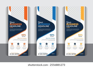 3 color variation corporate business roll up pull up banner. Unique, modern, creative, abstract, luxury, colorful, stylish and professional business roll up banner design. 
