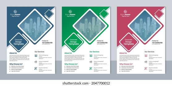 3 color variation flyer, brochure cover modern layout, annual report, poster, pamphlet template design, letter and a4 size. Fully editable