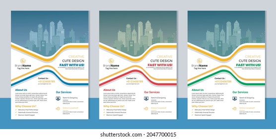 Volante de variación de 3 colores, portada de folletos de diseño moderno, informe anual, afiche, diseño de plantilla de panfleto, letra y tamaño a4. Totalmente editable