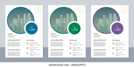 3 color variation flyer, brochure cover modern layout, annual report, poster, pamphlet template design, letter and a4 size. Fully editable
