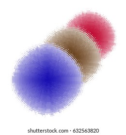 3 colored circle: blue, brown, red. abstract wheels. white background. halftone effect. vector illustration.