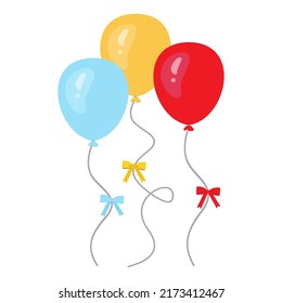 3 colorful balloons with bow vector set, flat design illustration. Red, Yellow, Blue Balloons