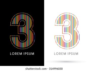 3 ,Colorful Font, designed using colorful line graphic vector.