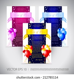 3 colorful invitation card - vector illustration with glossy balloons, ribbon, confetti, hearts and stars
