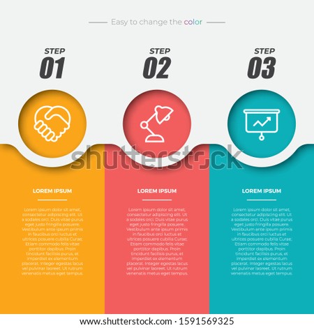 3 colorful rectangular infographic elements, thin line pictograms, pointers and text boxes. Concept of arrow business model with 3 successive steps. Modern infographic design template.