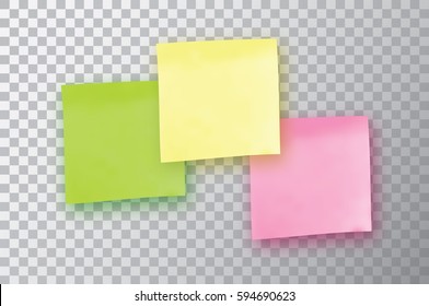 3 Colorful sticky note. Template for your projects. Three Sticker isolated on transparent background. Vector illustration.