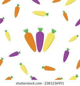 3 colors of carrots include orange, yellow, and purple carrots on a white background.