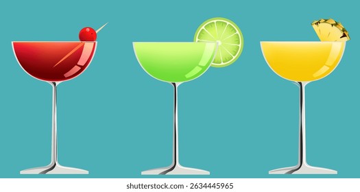 3 colors cocktails with cherry, lime and pineapple