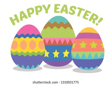 3 colourful Easter eggs on a white background with the text Happy Easter!. Isolated vector illustration.