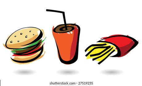 3 colourful fast food icons, isolated illustrations