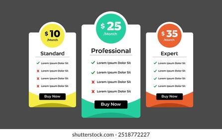 3 column comparison price chart template design for web business