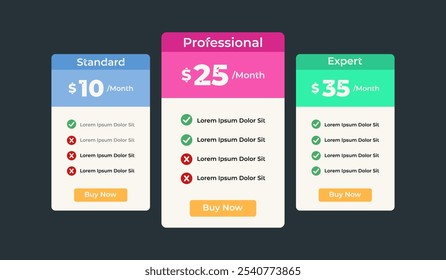 3 column comparison price chart template design for web business