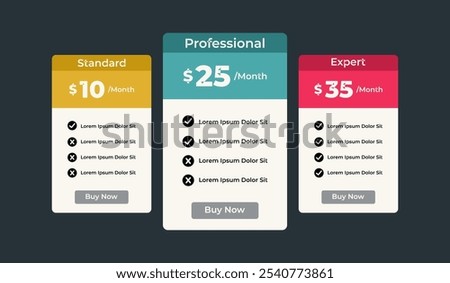 3 column comparison price chart template design for web business