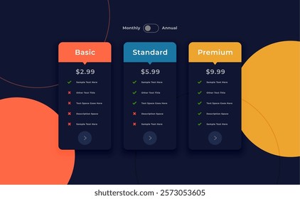 3 column pricing chart table layout for web menu or tariff vector