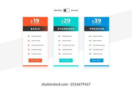 3 column web business pricing chart layout design vector