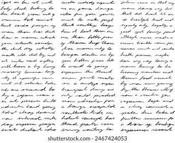 3 Columns of unreadable cursive handwriting, super messy, grungy, antique aesthetic. Vintage cursive handwriting in black ink, authentic handmade. Ideal for patterns, love notes, vintage textures.