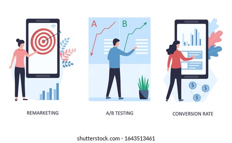 3 concepts remarketing, a / b testing, conversion rate. Testing advertisements to return potential and regular customers to the site, increasing conversions. Flat vector illustration white background.