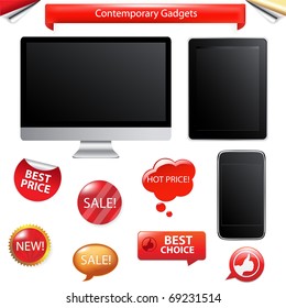3 Contemporary Gadgets - Computer, Fictitious Touch Tablet And Phone, Isolated On White Background, Vector Illustration