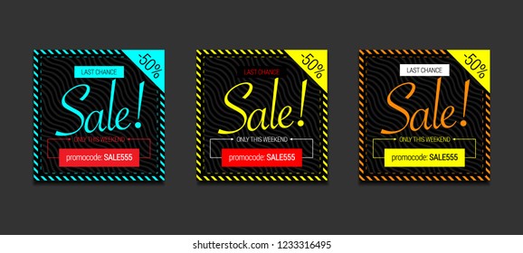 3 cool banner for social network. Rape sale. Only this weekend. The last chance. With a striped frame. Black, red, pink. Email ad newsletter layouts. Black friday. Vector