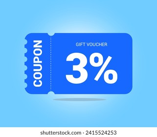 3% coupon promotion sale. Three percent Vector Gift Voucher. Blue discount, lucky ticket, special offer promo. Web, shopping label, percent sign. Special price offers.