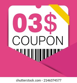 3$ Coupon promotion sale for a website, internet ads, social media gift 3 Dollar off discount voucher. Big sale and super sale coupon discount. Price Tag Mega Coupon discount vector illustration.