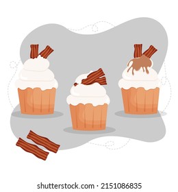 3 pasteles con tocino y jarabe de arce, vector
