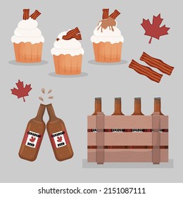 3 pasteles con tocino y jarabe de arce, tiras de tocino y cerveza en una caja, vector, Canadá