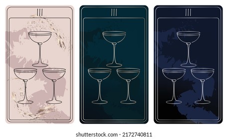 3 von Cups. Eine Karte des kleinen Arcana mit einer Linie, die Tarot-Karten zieht. Tarot Deck. Lineare Vektorgrafik mit okkulten, mystischen und esoterischen Symbolen. 3 Farben. Vorläufig auf 2,75 x 4,75 Zoll.