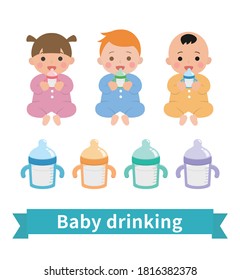 3 cute babies drinking milk and bottles