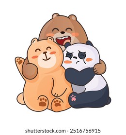 3 osos lindos abrazando, panda abrazando, adorables osos abrazando, ilustración plana del vector de la historieta aislada en el fondo blanco. elemento gráfico para el Sitio web.