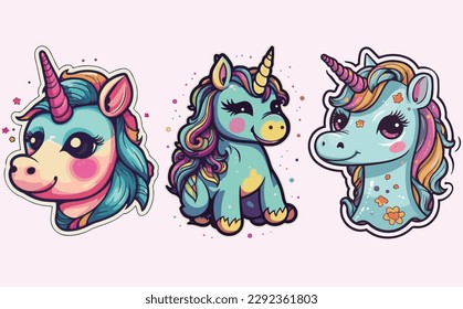 3 cute blueish Unicorns Sticker Style, fantasy unicorn, myth, mythical unicorn, for kids