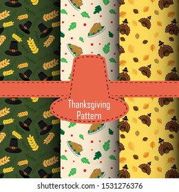 3 Cute cartoon Thanksgiving Day patterns. texture can be used for wallpaper, pattern fills, web page,background. Vector illustration.