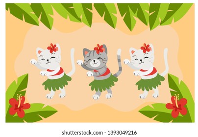 3 cute cats dancing Hawaiian dance. cartoon vector background.  